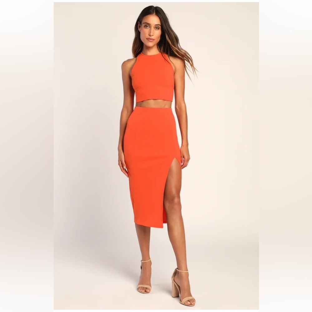 Lulus Absolute Edge Coral Sleeveless Two-piece Bodycon Midi Dress Orange